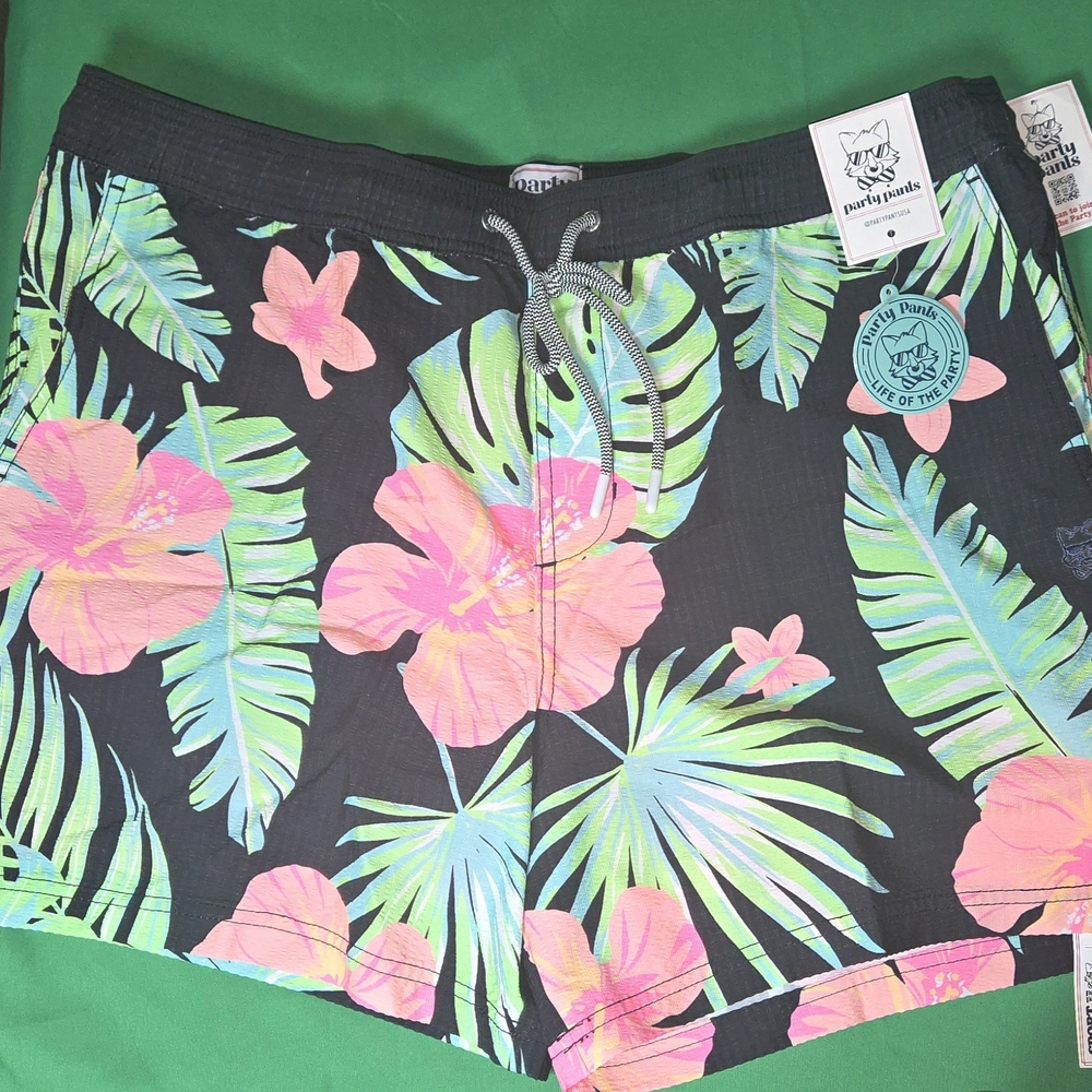 Men's Floral Swim Trunks - Black with Pink & Green